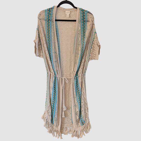 Chico's Tops - Chico’s 100% Linen Open Knit Duster Cardigan Kimono Cover Up Size 1 Coastal